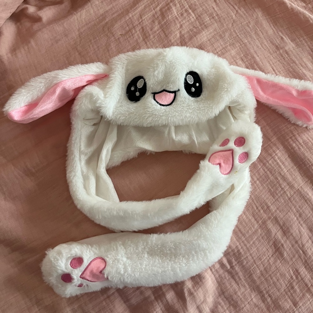 Cute White Bunny Ear Hat with Pink Accents